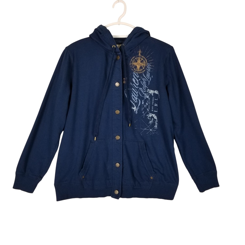 Lauren Ralph Lauren Hoodie Women 1X Navy Blue Nautical Compass Snap Front 235S